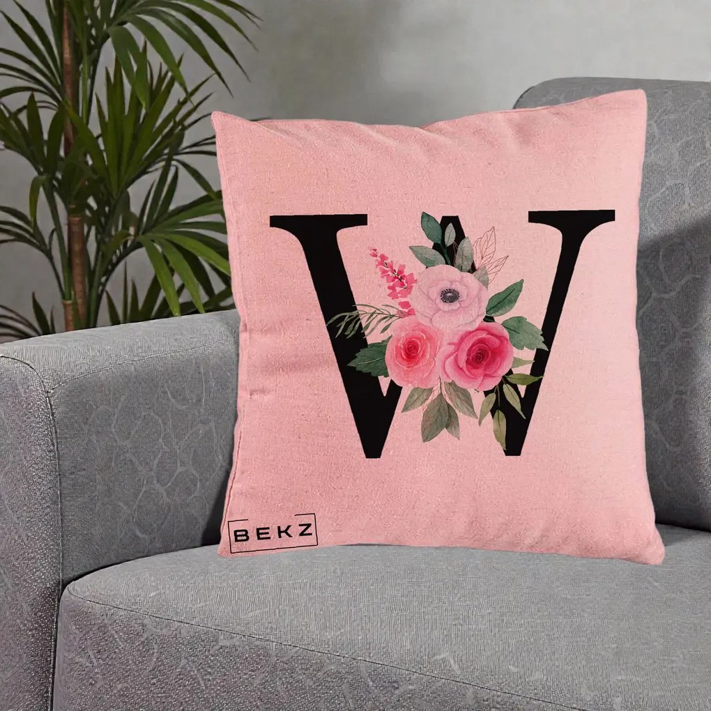 Cadou Personalizat - Perna Personalizata Monograma Florala Litera W cu Trandafiri si Anemona, 40x40 cm, Roz, Husa Detasabila, Perna Inclusa, BEKZ®