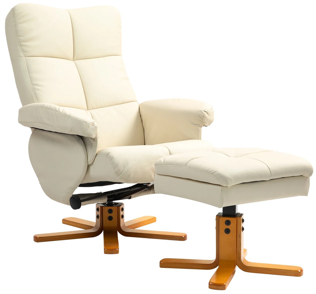 HOMCOM Fotoliu relax cu taburet, spătar rabatabil 145° , rotativ 360°, piele ecologică, alb crem | Aosom Romania