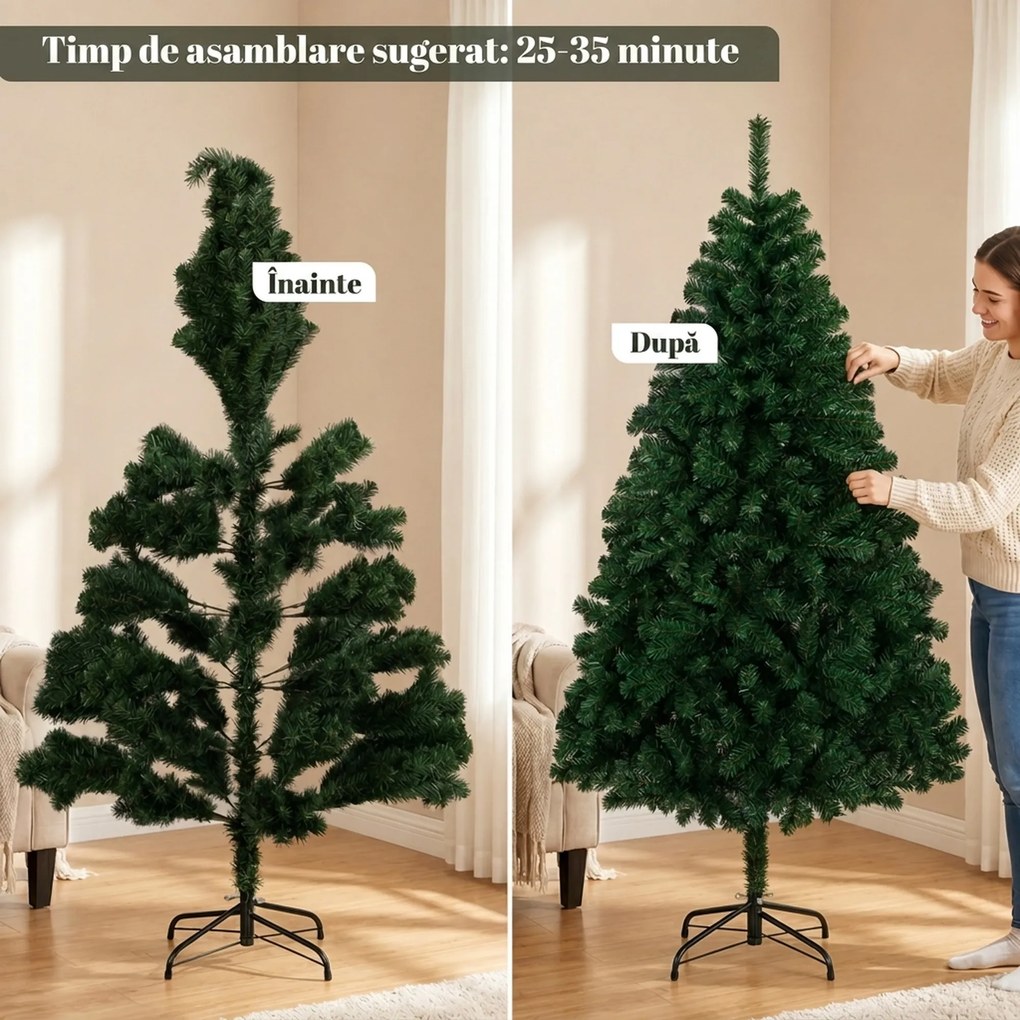 HOMCOM Brad Artificial de Crăciun 180 cm cu 700 Ramuri Ignifuge, Bază din Oțel,100x100x180 cm, Verde | Aosom Romania