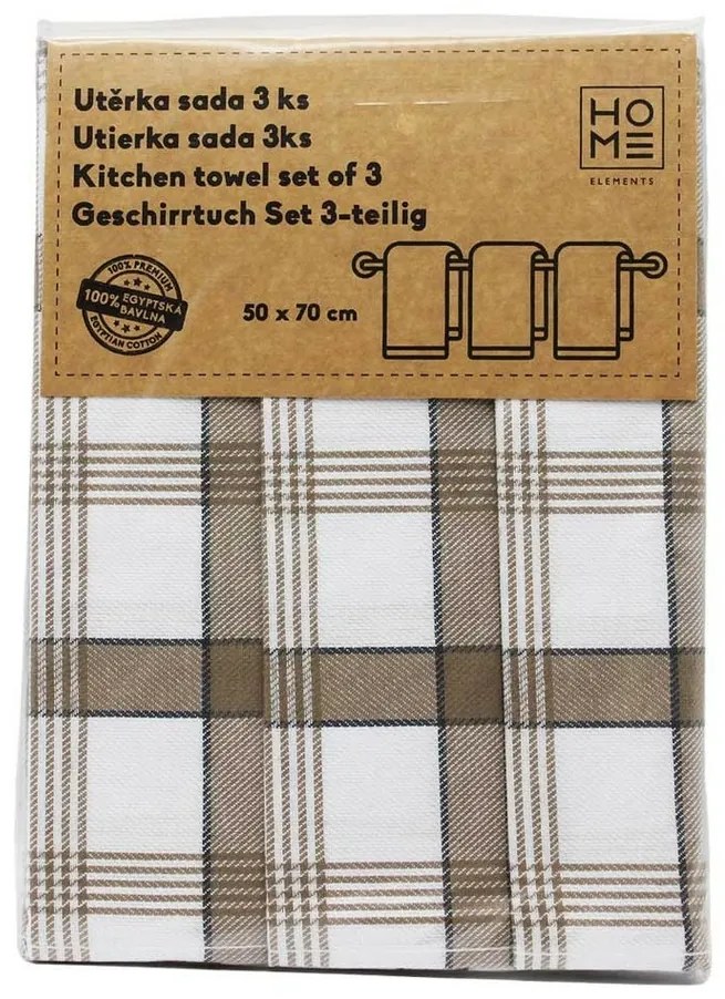 Șervet bucătărie din bumbac egiptean Carouri maro, 50 x 70 cm, set 3 buc.