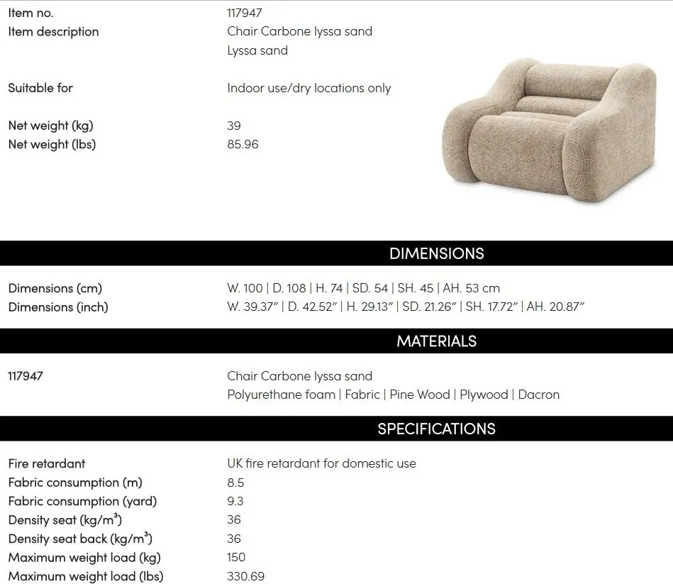 Fotoliu design LUX Carbone, Lyssa sand