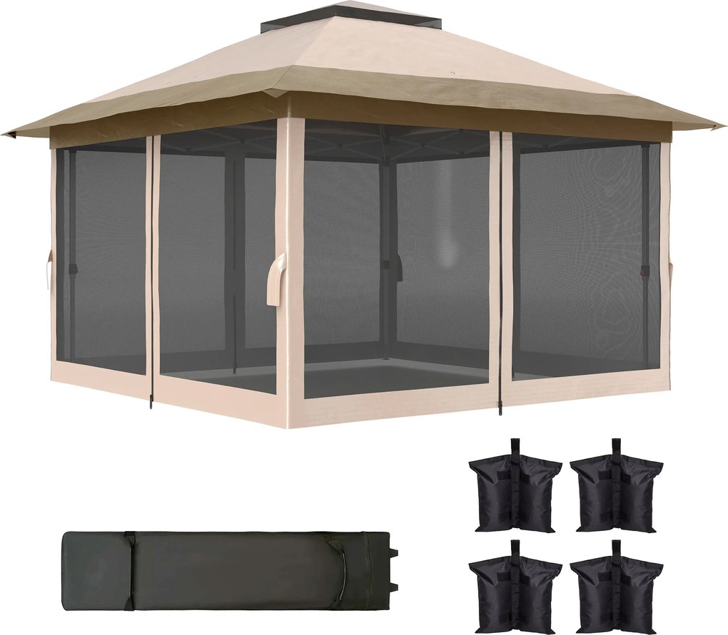 Outsunny Pavilion pliant 3,6x3,6 m cu pereți laterali din plasă UPF50+, înălțime reglabilă, geantă cu roți și saci cu nisip, bej | Aosom Romania