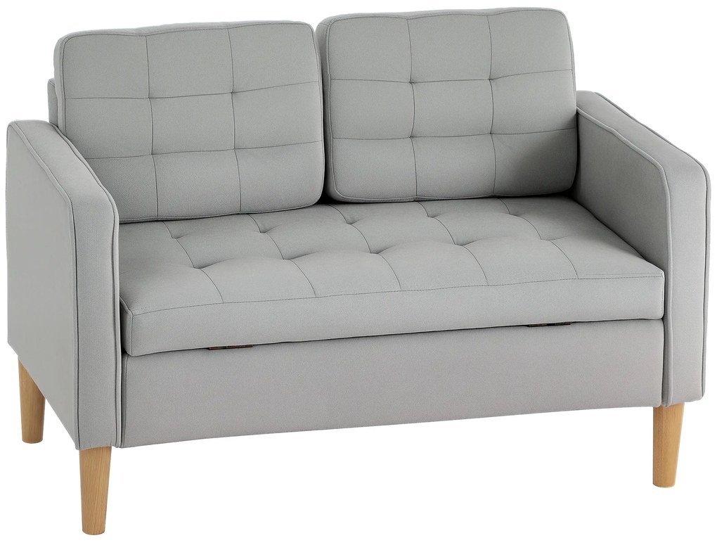 HOMCOM Canapea cu Două Locuri cu Spațiu de Depozitare, Butoniera, Perne, Lemn de Cauțiuc, 117x62x78 cm, Gri Deschis | Aosom Romania