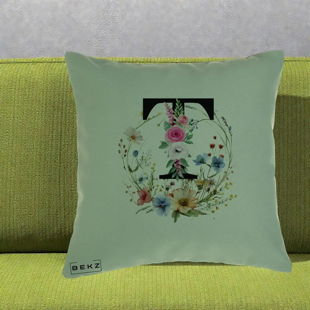 Cadou Personalizat - Perna Personalizata Monogram Litera T cu Flori Acuarela, 40x40 cm, Verde, Husa Detasabila, Perna Inclusa, BEKZ®