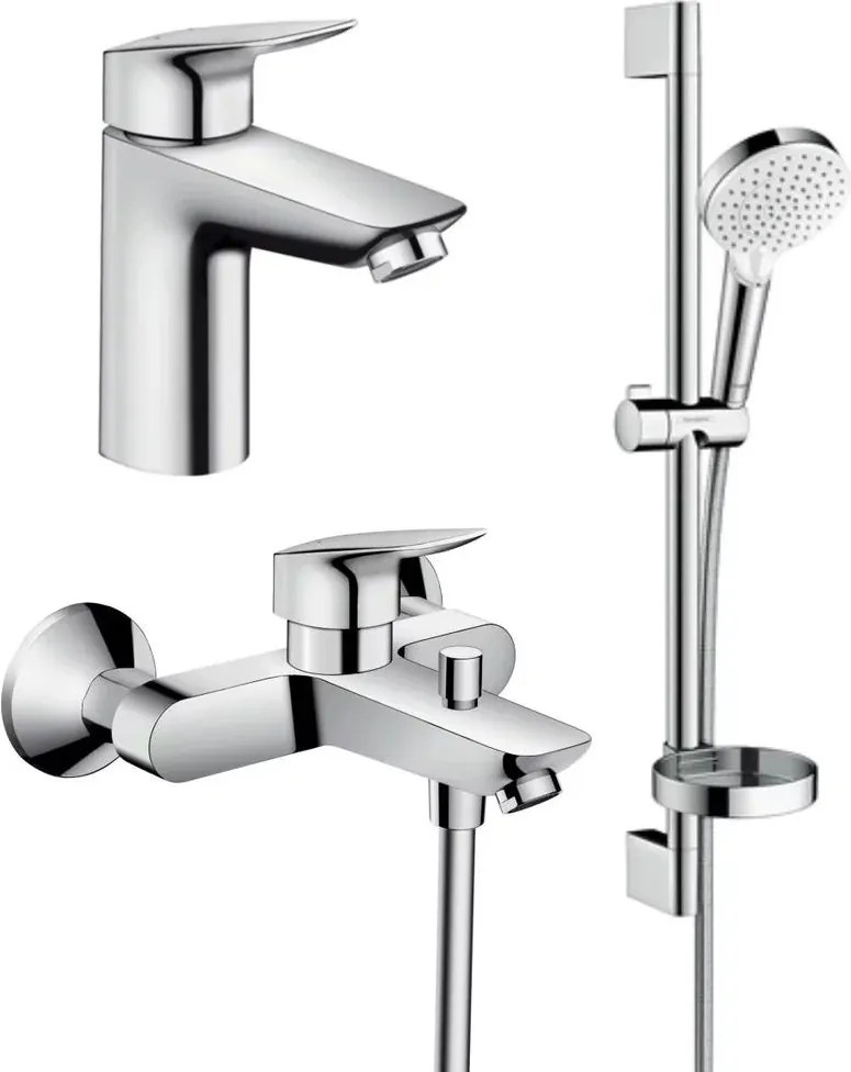 Set baterii Hansgrohe Logis 100 lavoar cada si set dus crom lucios