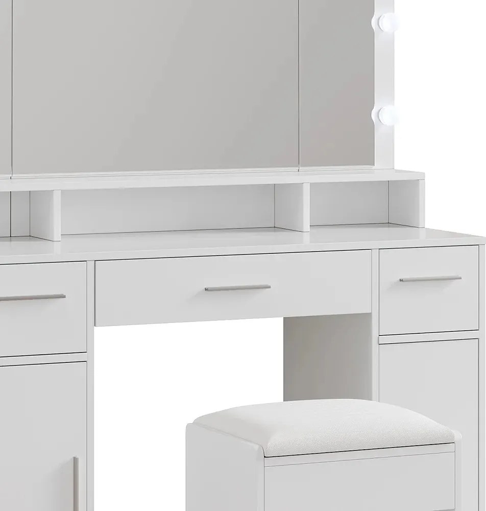 Masuta machiaj cu Oglinda LED si 3 Sertare pentru Cosmetice, Set Masa toaleta 110 cm, Alb, masuta cosmetica, vanity - SEA809