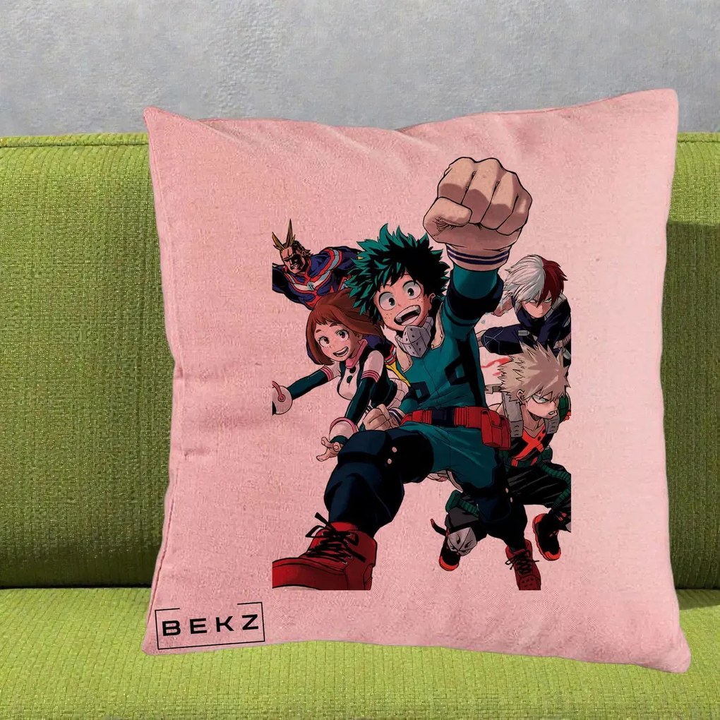 Perna Personalizata My Hero Academia Izuku Deku si Echipa, 40x40 cm, Roz, Husa Detasabila, Perna Inclusa, BEKZ®