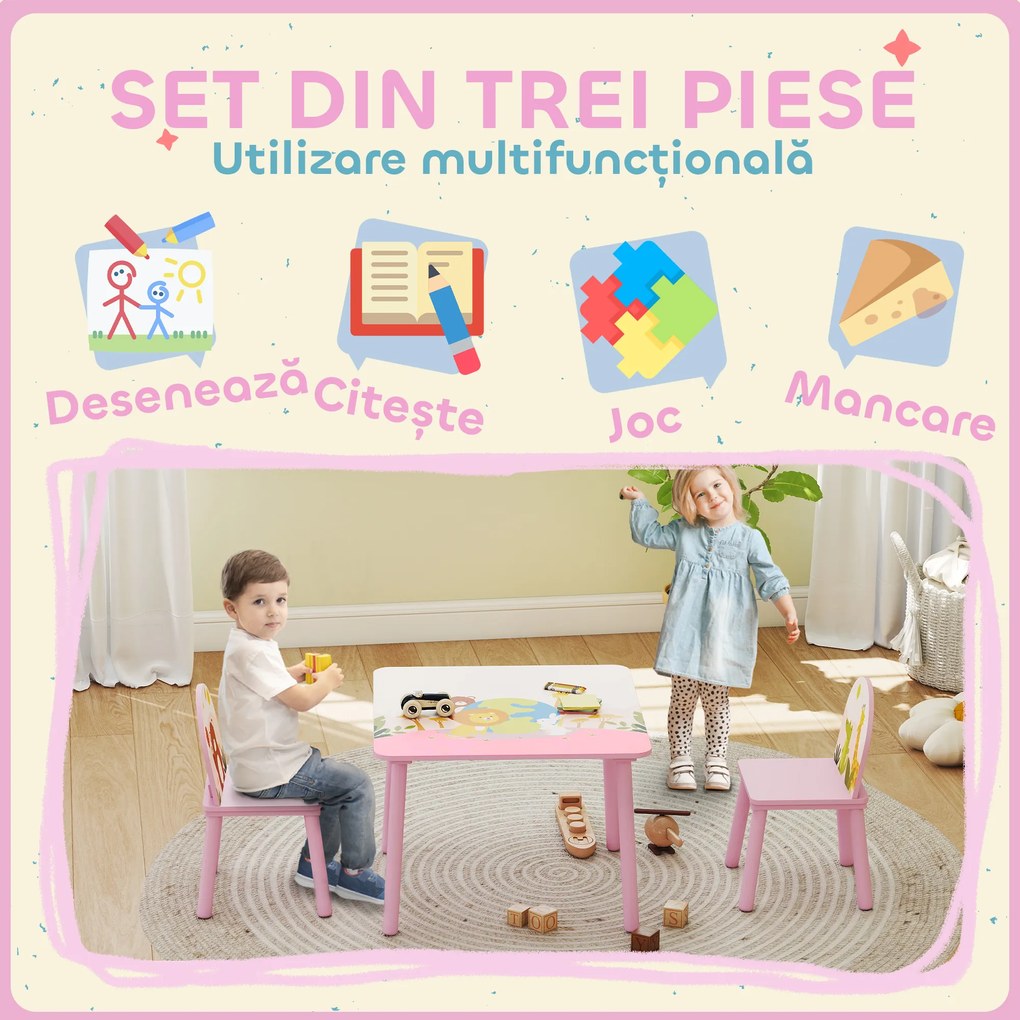 AIYAPLAY Măsuță și 2 scaune pentru copii 3-8 ani cu margini rotunjite, Roz | Aosom Romania