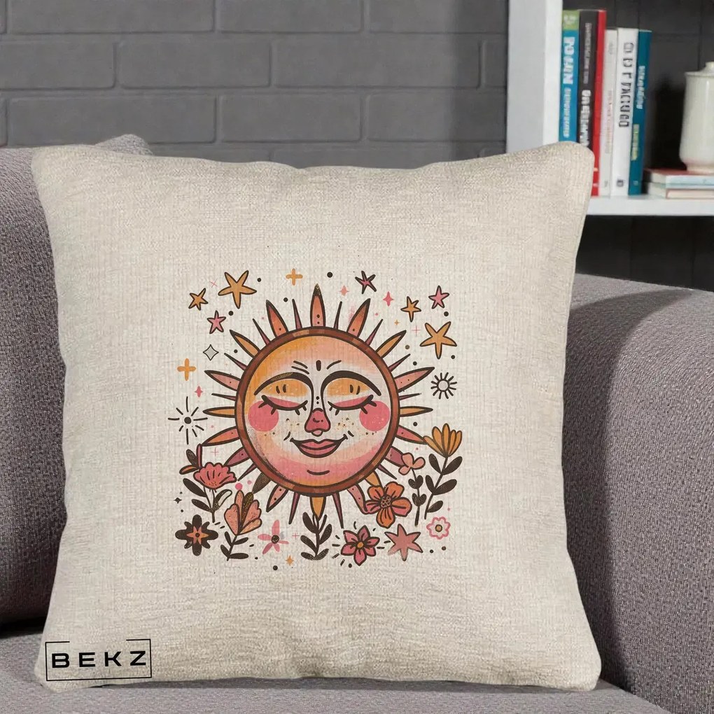 Perna Decorativa Soare Retro Boho Floral, 40x40 cm, Bej Canapea, Husa Detasabila, Perna Inclusa, BEKZ®