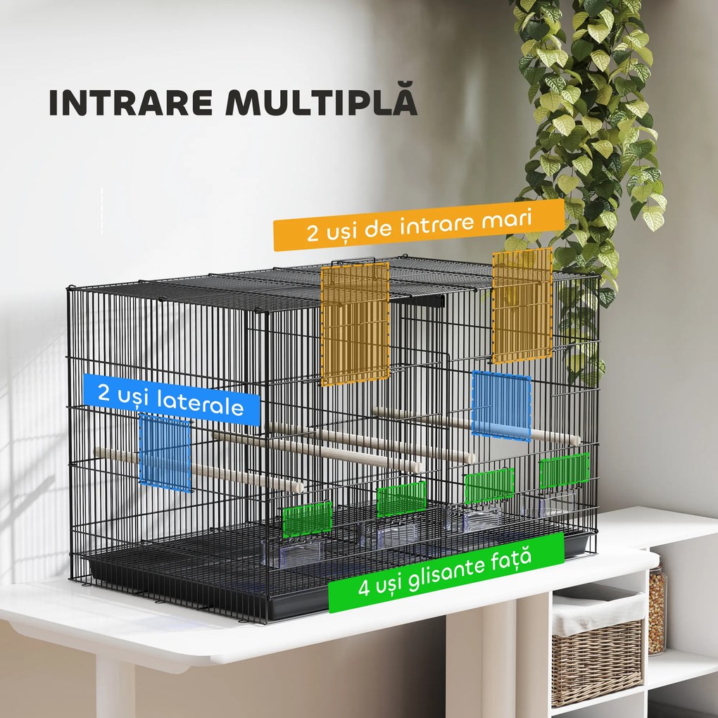 PawHut Colivie pentru Păsări cu Separator, Raft Inferior, 4 Stinghii și 4 Hrănitoare, 94x57x57 cm, Negru | Aosom Romania