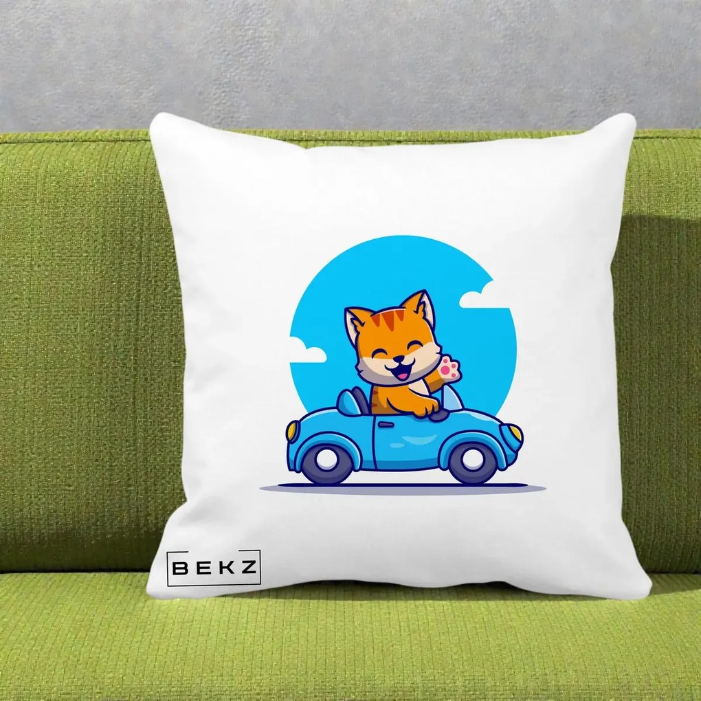 Perna Decorativa Pisica in Masinuta, 40x40 cm, Alba Mata, Husa Detasabila, Perna Inclusa, BEKZ®
