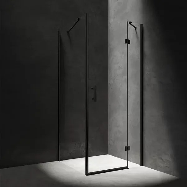 Cabina de dus patrata cu usa cu balamale Omnires Manhattan negru mat transparent 80x80 cm