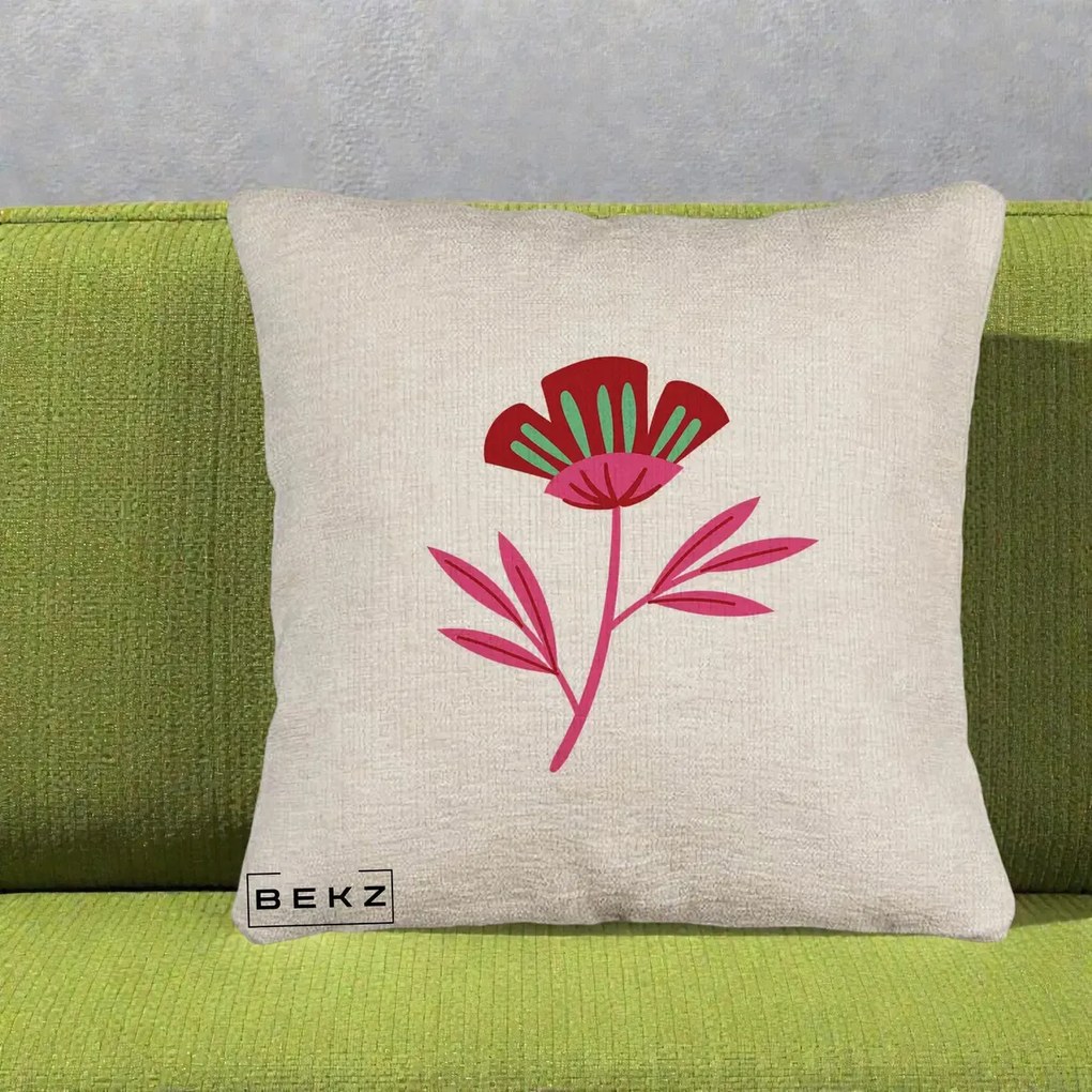 Perna Decorativa Floare Macul Roz-Rosu Grafic, 40x40 cm, Bej Canapea, Husa Detasabila, Perna Inclusa, BEKZ®