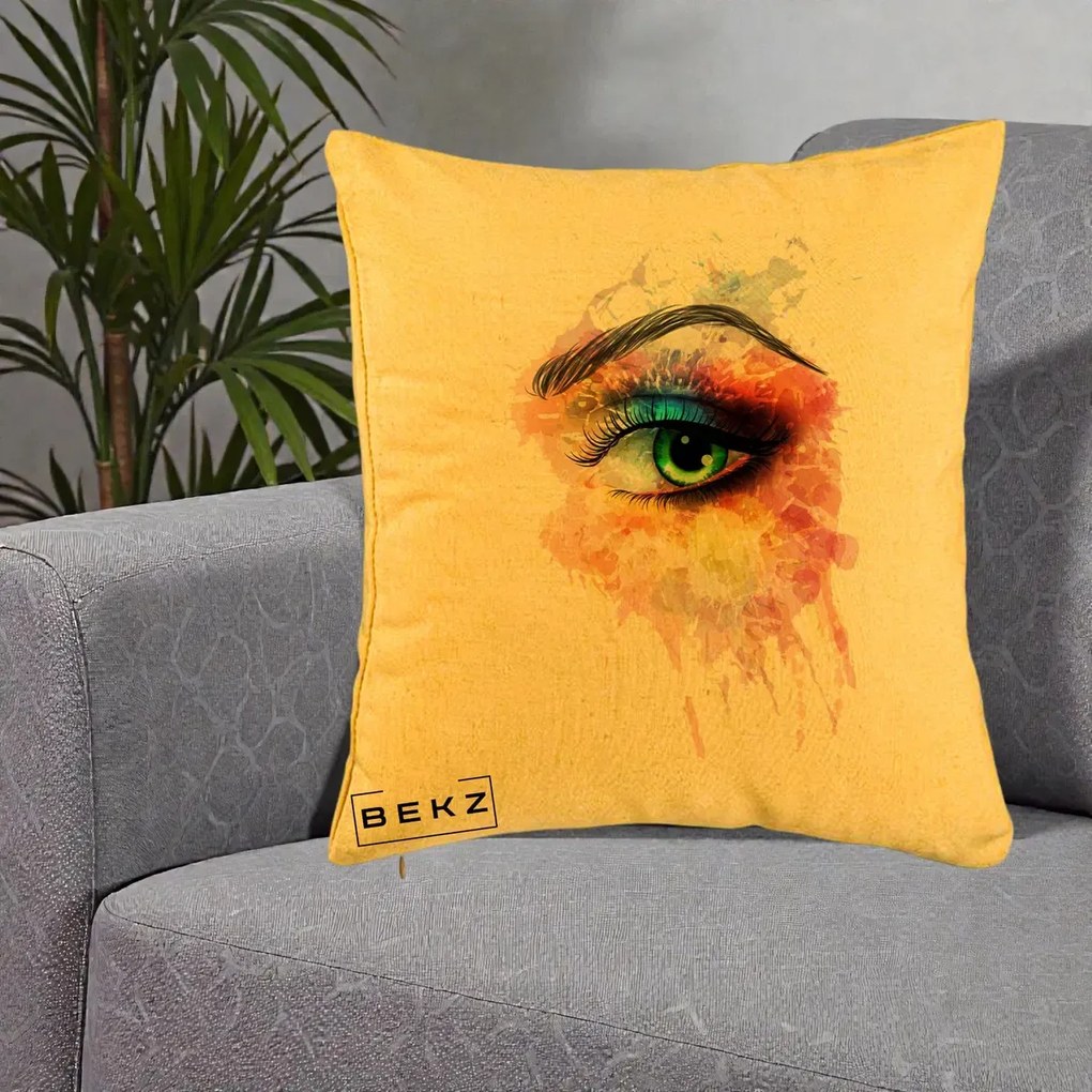 Perna Decorativa Ochi Verde Acuarela, 40x40 cm, Galben, Husa Detasabila, Perna Inclusa, BEKZ®