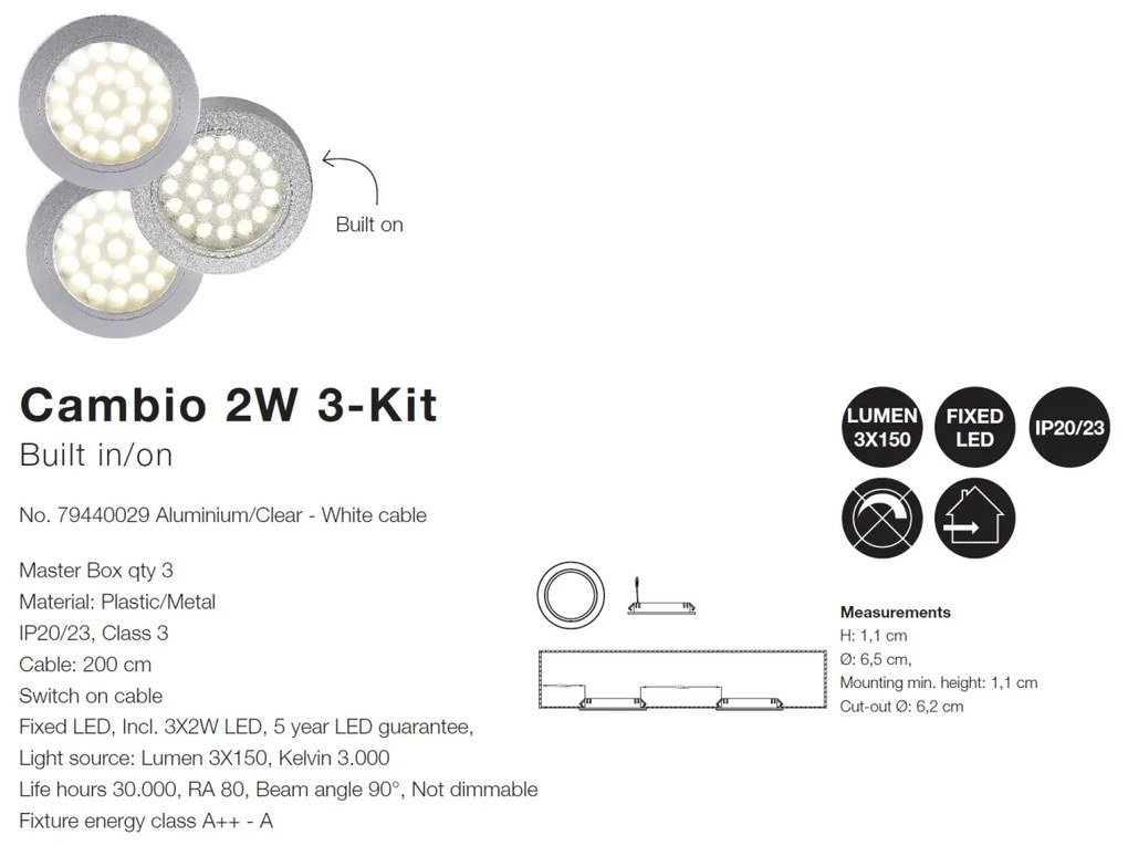 Set de 3 spoturi LED incastrabile Cambio 2W 79440029 NL