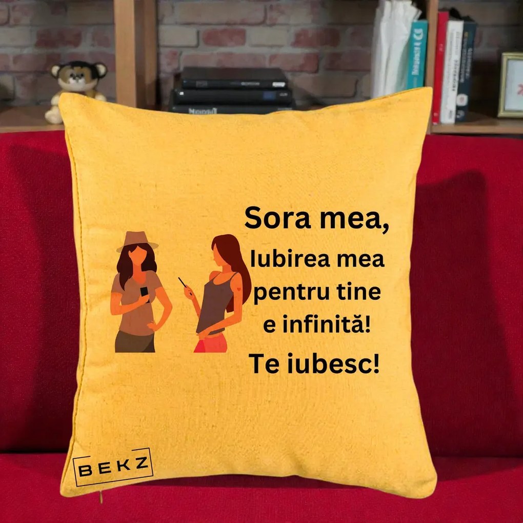 Cadou pentru Sora - Perna Personalizata Sora Mea Te Iubesc Doua Fete cu Telefoane, 40x40 cm, Galben, Husa Detasabila, Perna Inclusa, BEKZ®