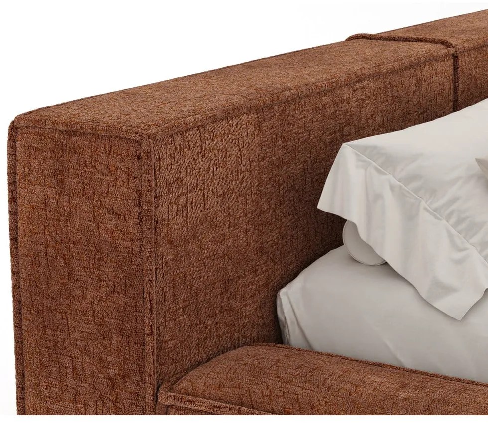 Pat matrimonial portocaliu tapițat cu spațiu de depozitare cu somieră 140x200 cm Voliera – Maison de Rêve