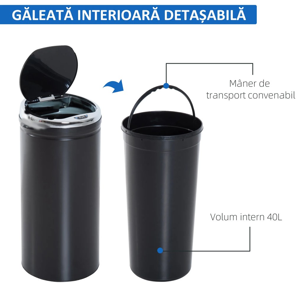 HOMCOM Coș de gunoi automat de 50L cu senzor infraroșu, din oțel și plastic, 30.5x30.5x81.5cm | Aosom Romania