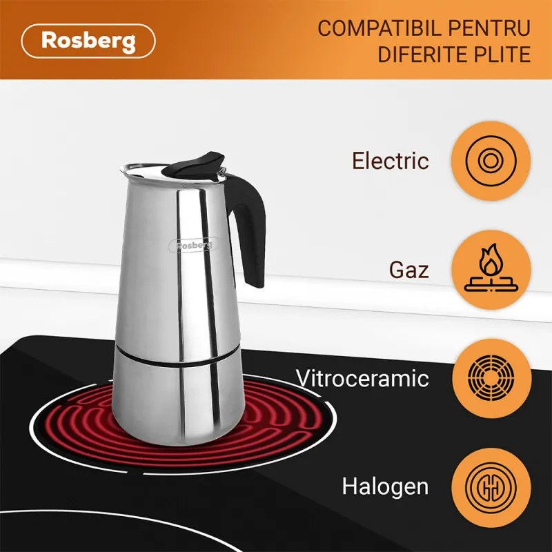 Cafetiera moka Rosberg R51173F6, 6 cesti, Inox
