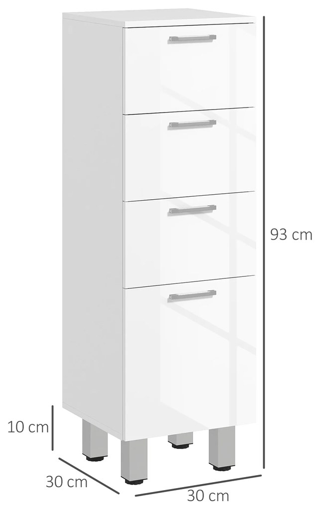 kleankin Dulap de Baie, Unitate de Depozitare pentru Baie cu Luciu Inalt, cu 4 Sertare, Alb | Aosom Romania