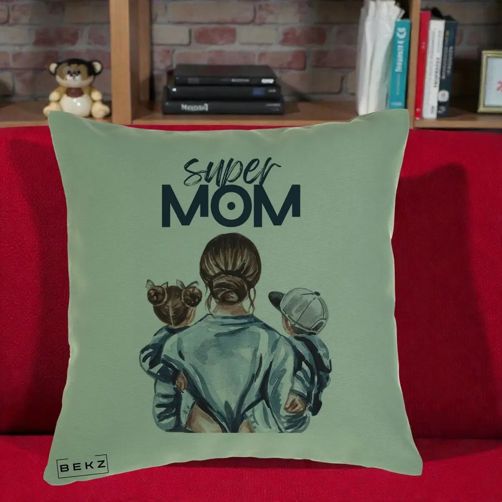 Cadou pentru Mama - Perna Personalizata Super Mom, 40x40 cm, Verde, Husa Detasabila, Perna Inclusa, BEKZ®