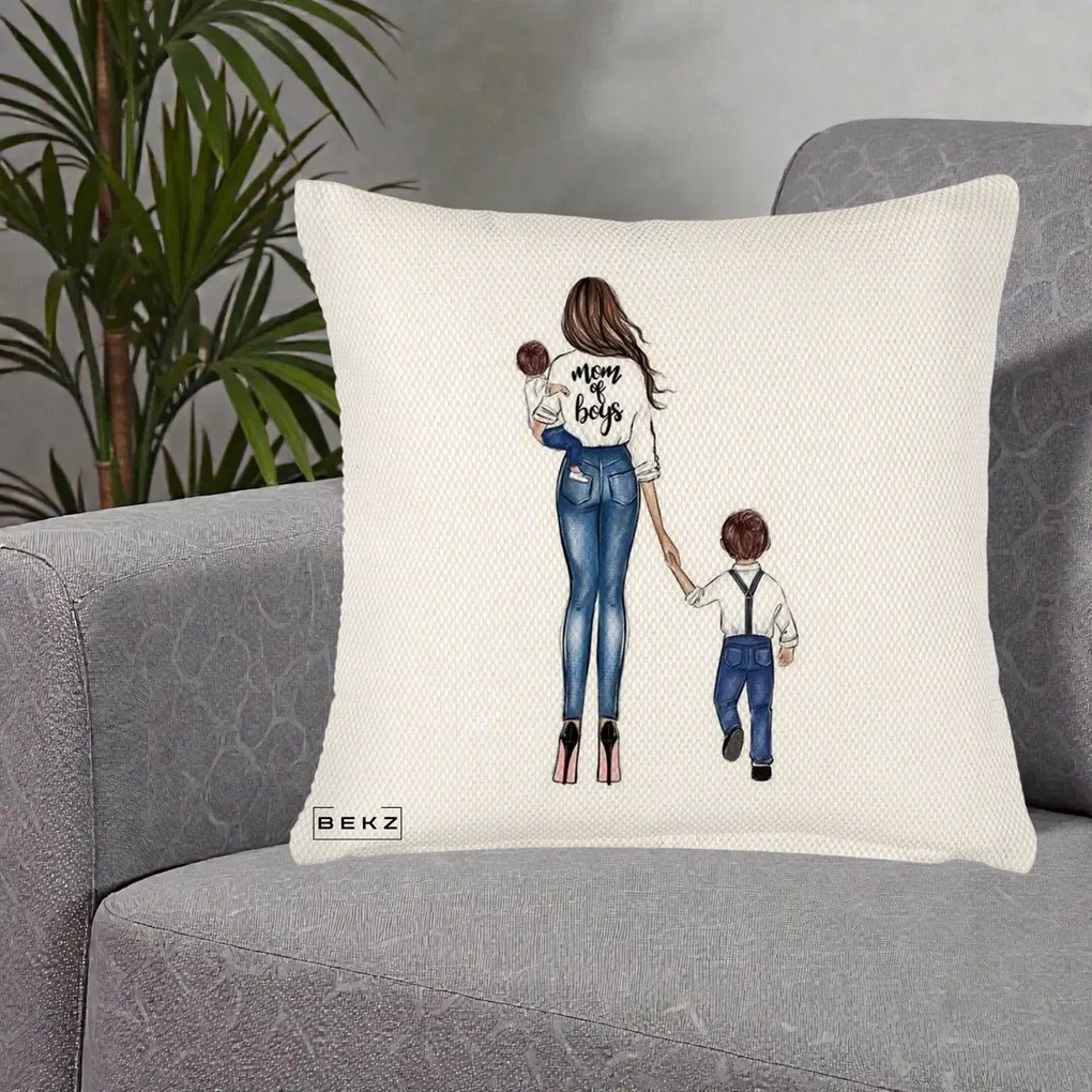 Cadou pentru Mama - Perna Personalizata Mom of Boys Mama cu Baietii, 40x40 cm, Crem Reliefat, Husa Detasabila, Perna Inclusa, BEKZ®