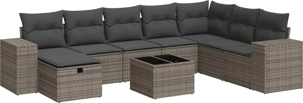 vidaXL Set canapele de grădină, 9 piese, cu perne, gri, poliratan