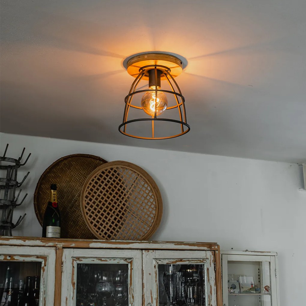 Plafoniera industrială gri închis cu lemn - Arthur