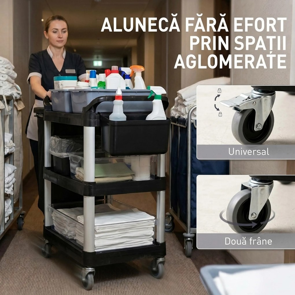 HOMCOM Carucior Profesional pentru Curățenie cu 3 Rafturi, 2 Recipiente Detașabile, Găleată Laterală și 4 Roți, Negru | Aosom Romania