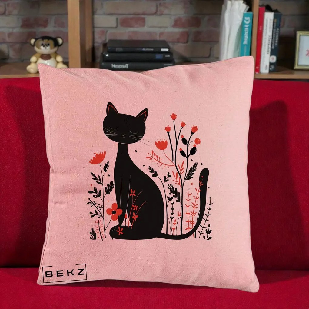 Perna Decorativa Pisica Neagra Flori Rosii Folk Minimal, 40x40 cm, Roz, Husa Detasabila, Perna Inclusa, BEKZ®