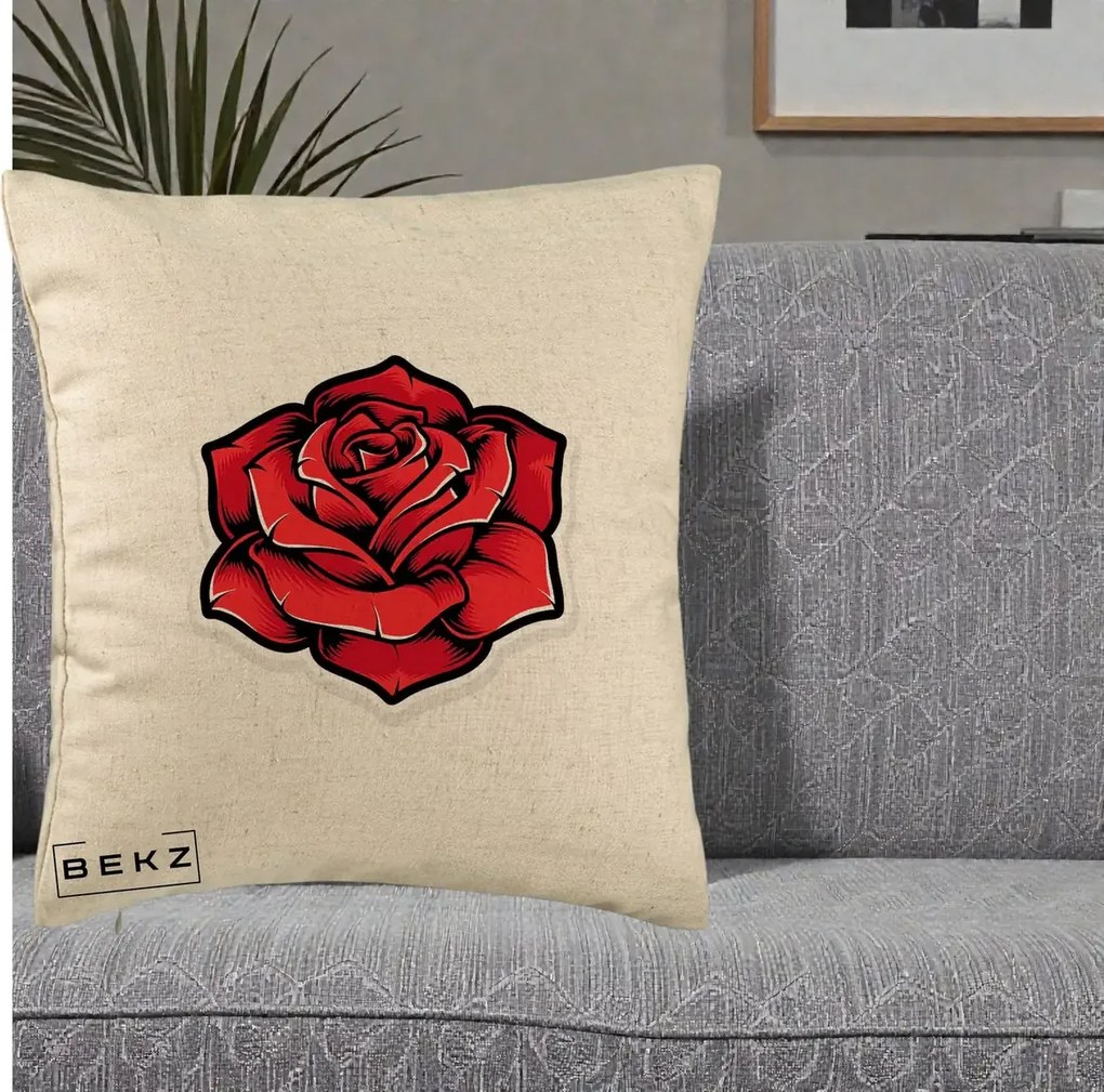 Perna Decorativa Trandafir Rosu Tattoo, 40x40 cm, Bej, Husa Detasabila, Perna Inclusa, BEKZ®