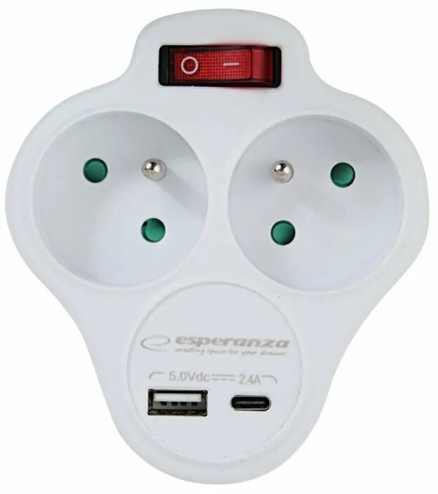 Adaptor dublu stecher Esperanza ELK311W switch ON/OFF cu incarcator USB-C/USB-A Alb