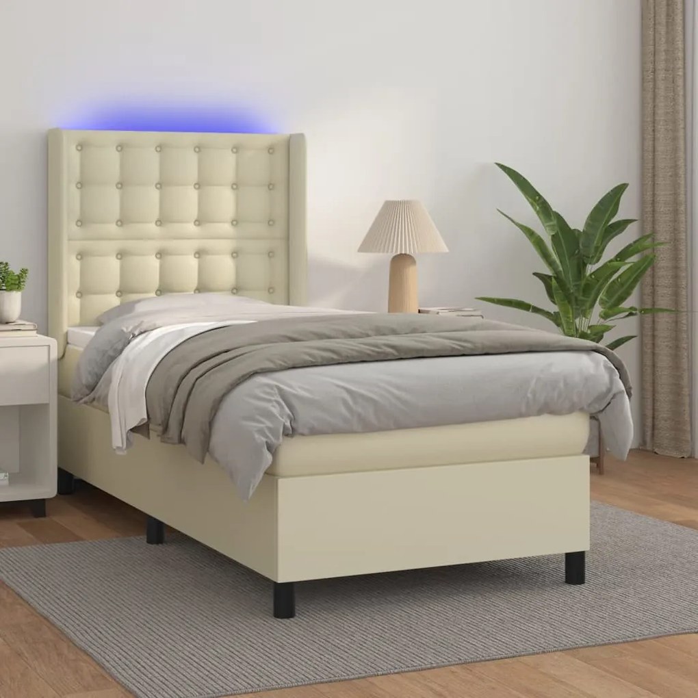 vidaXL Pat cu arcuri, saltea și LED, crem, 90x200 cm, piele ecologică
