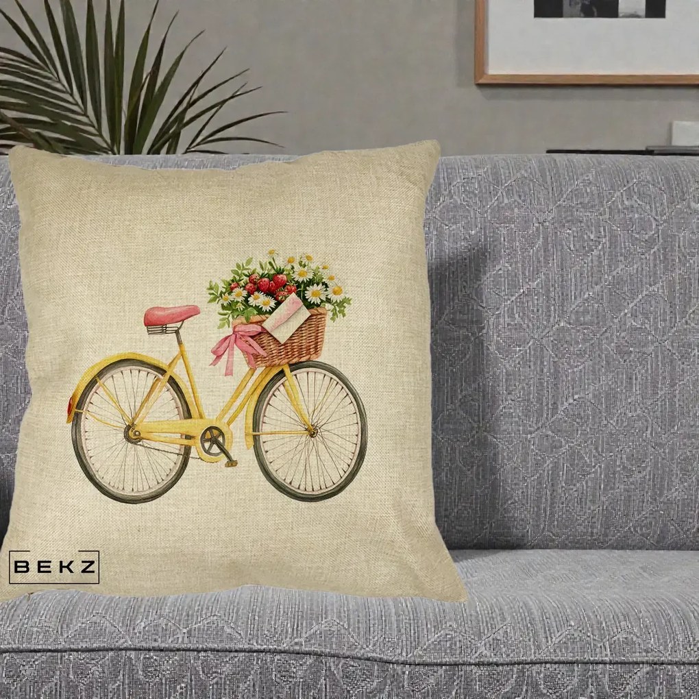 Perna Decorativa Bicicleta Galbena cu Cos de Flori Primavara, 40x40 cm, Crem, Husa Detasabila, Perna Inclusa, BEKZ®