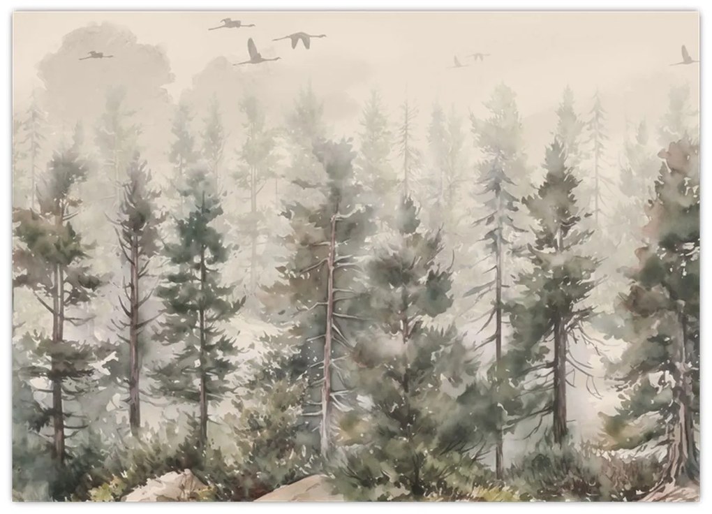 Tablou pe sticlă - Pădurea de pini I., aquarel (70x50 cm)