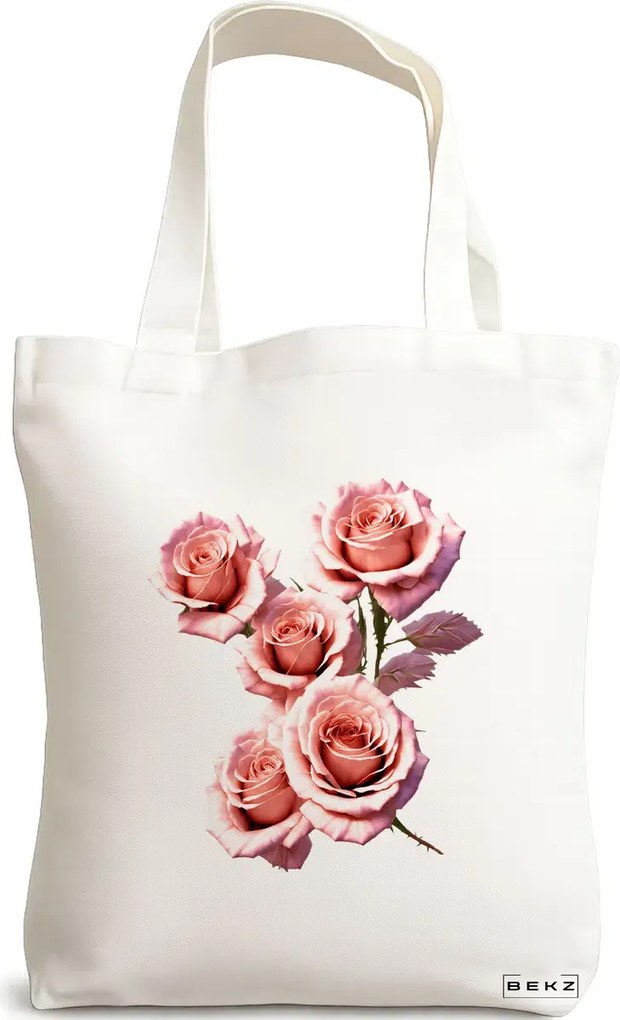 Sacosa de Panza pentru Cumparaturi, Geanta Tote, model Flower Bouquet 4, 38 x 34.5 cm, Alba, BEKZ®