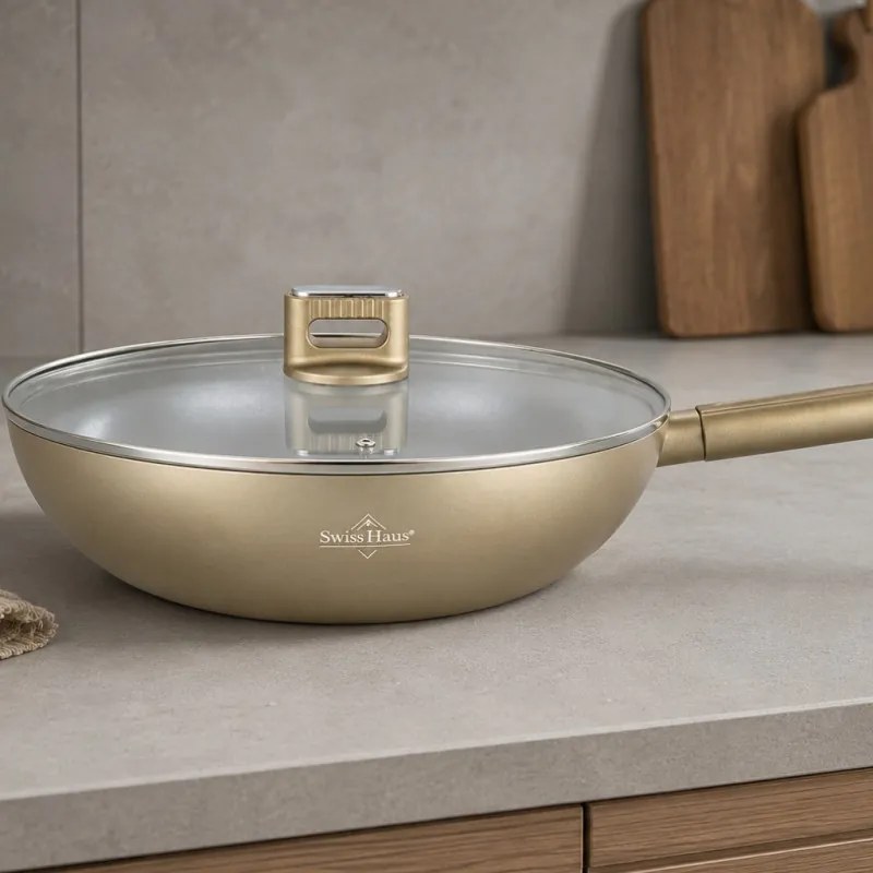 Tigaie wok cu capac Swiss Haus Speiez Castle SH-SCW28CH, 4,2 l, 28 cm, Acoperire ceramica Sapphire, pentru toate plitele inclusiv inductie, Sampanie