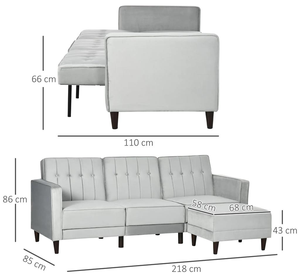 Canapea extensibila HOMCOM cu 3 locuri cu taburet si spatar inclinabil, tapiterie din catifea si scaun captusit, 218x85x86 cm, gri deschis | Aosom RO