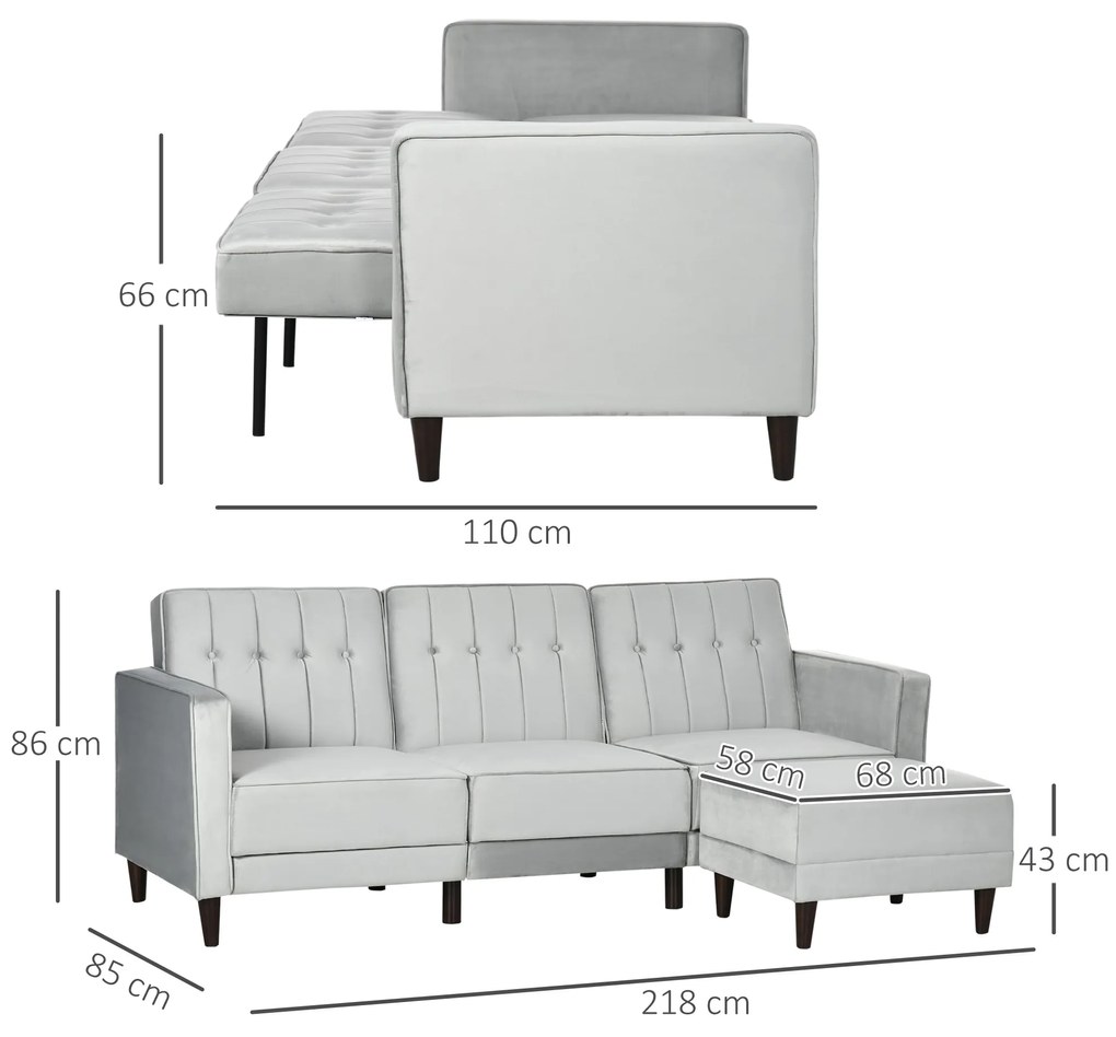 HOMCOM Canapea Extensibilă cu 3 Locuri cu Taburet și Spătar Inclinabil, Tapițerie din Catifea și Scaun Căptușit, 218x85x86 cm, Gri | Aosom Romania