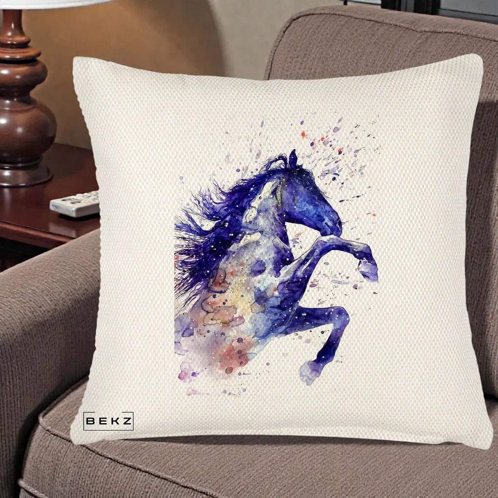 Perna Decorativa Cal Albastru Acuarela, 40x40 cm, Crem Reliefat, Husa Detasabila, Perna Inclusa, BEKZ®