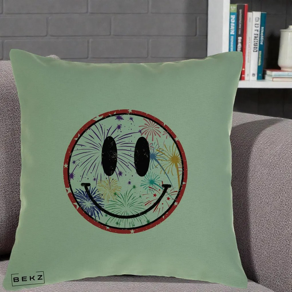 Perna decorativa Smiley Face cu Artificii Multicolore, 40x40 cm cu Umplutura, Verde, BEKZ