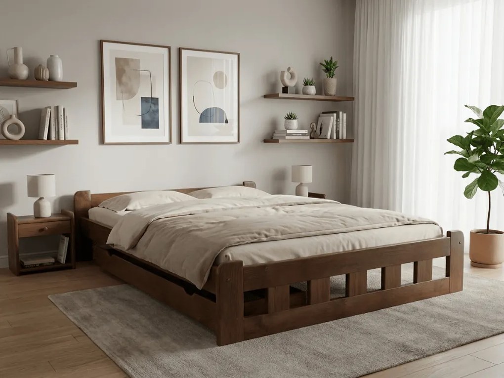 Pat inalt Naomi 140x200 cm, stejar Saltele: Cu saltele Deluxe 10 cm, Somiera pat: Cu lamele drepte