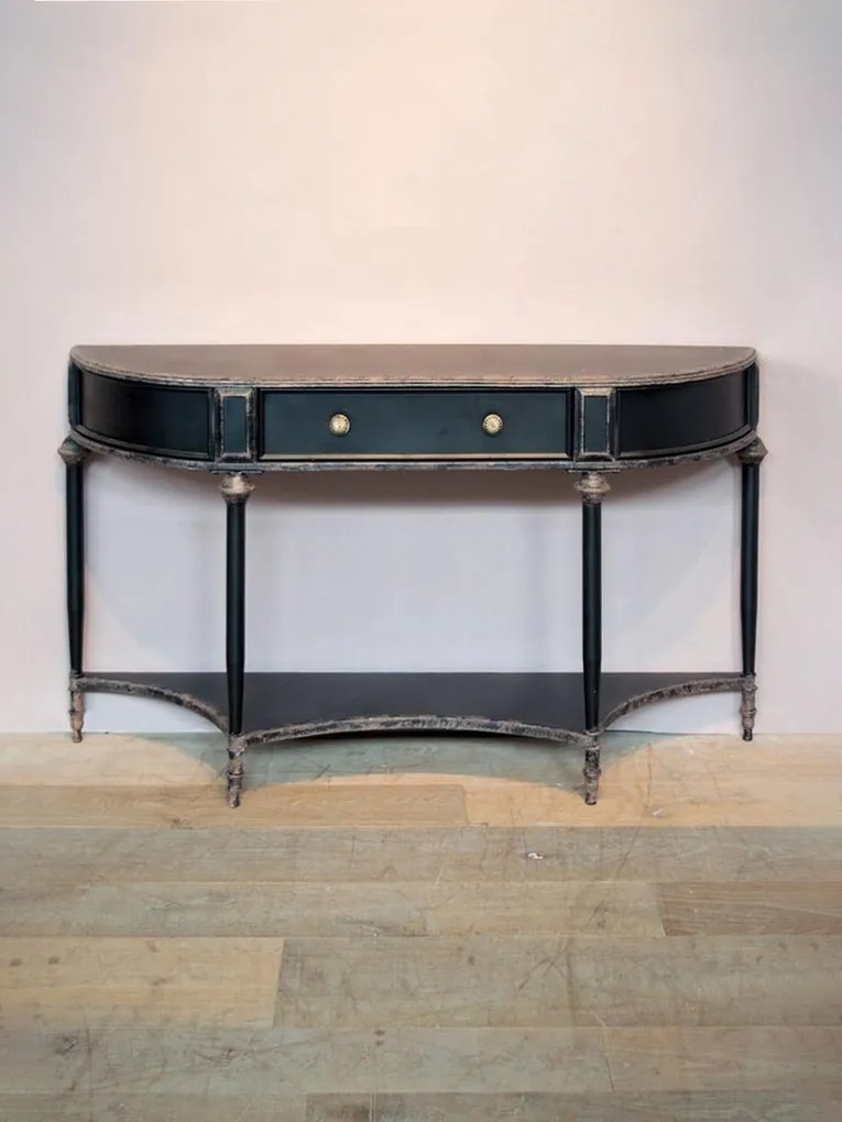 Consolă hol vintage din metal, negru, cu sertar, raft și picioare tronconice, blat patinat, 86 x 150 x 39,5 cm, „Edouard”