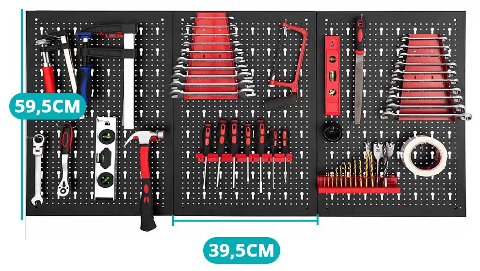 Panou metalic de perete pentru unelte cu carlige si rafturi