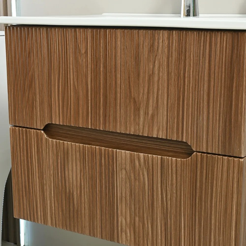 Mobilier de baie Trent 60 cm cu chiuvetă ceramică (2 sertare) și oglindă 60x80 cm stejar apus de soare