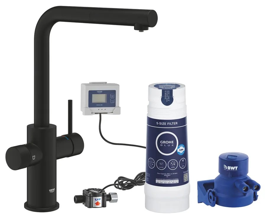 Baterie bucatarie cu dus extractibil si filtru Grohe Blue Pure Vento negru mat Phantom Black