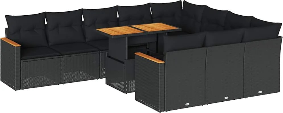 vidaXL Set canapele grădină cu perne 11 piese, negru, poliratan/acacia