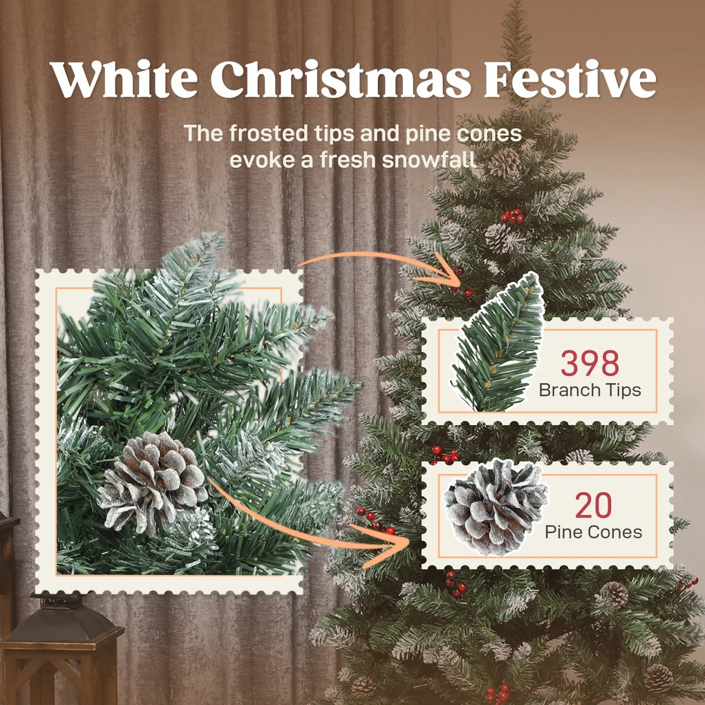 HOMCOM Brad de Crăciun Înnzăpezit Înalt de 150 cm cu 398 Ramuri, Brad Artificial de Interior cu Conuri și Boabe Roșii Decorative, Bază Metalică, Verde | Aosom Romania