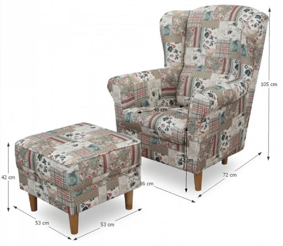 Fotoliu cu taburet, material textil în stilul patchwork Viorica 1, ASTRID
