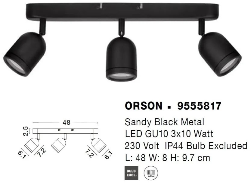 Plafoniera cu 3 Spoturi pentru baie cu protectie IP44 ORSON negru